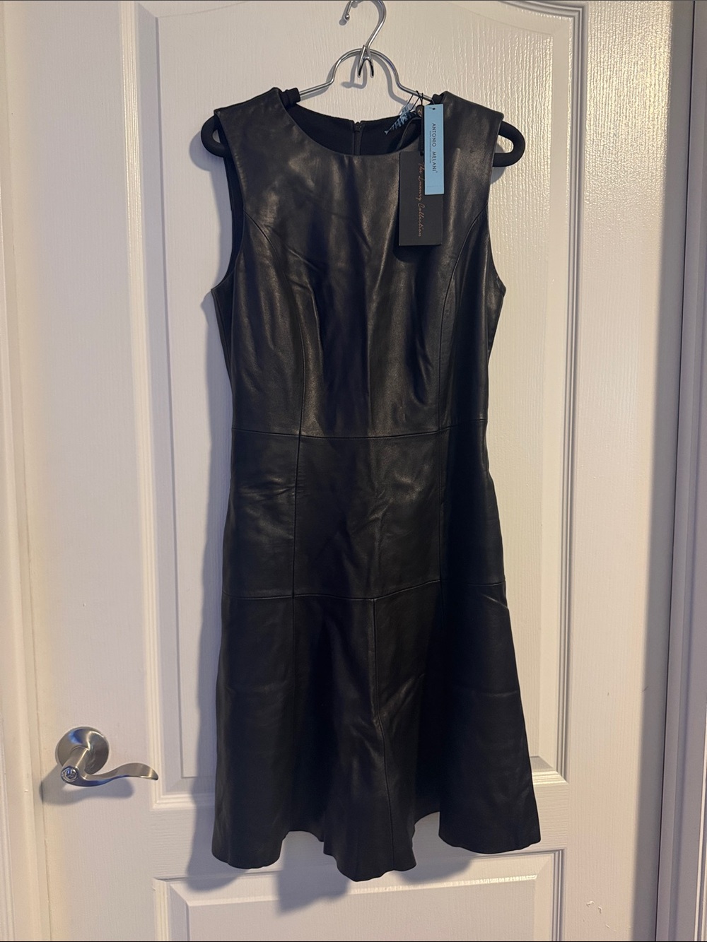ANTONIO MELANI Black Sleeveless Leather A-Line Dress